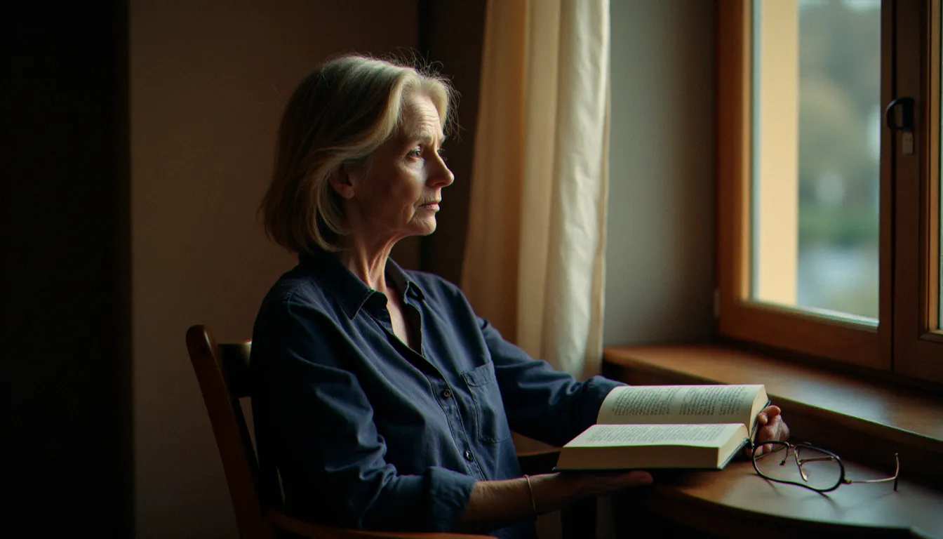 Femme de 50 ans photographiée en lumière naturelle de fenêtre dans un intérieur chaleureux, pose détendue avec un livre, portrait intimiste