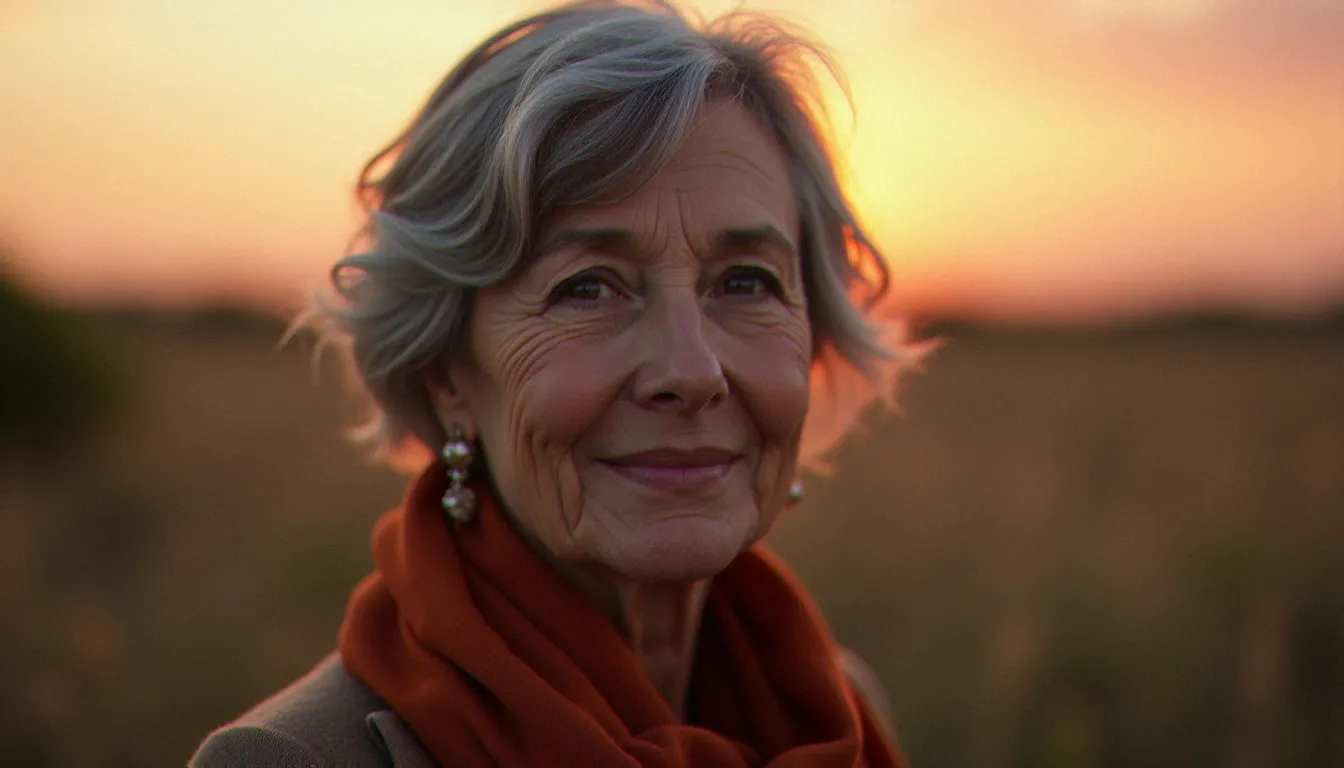 Portrait en gros plan trois-quarts d'une femme de 50 ans aux cheveux gris courts, lumière de coucher de soleil sur les pommettes, regard expressif et peau naturelle valorisée