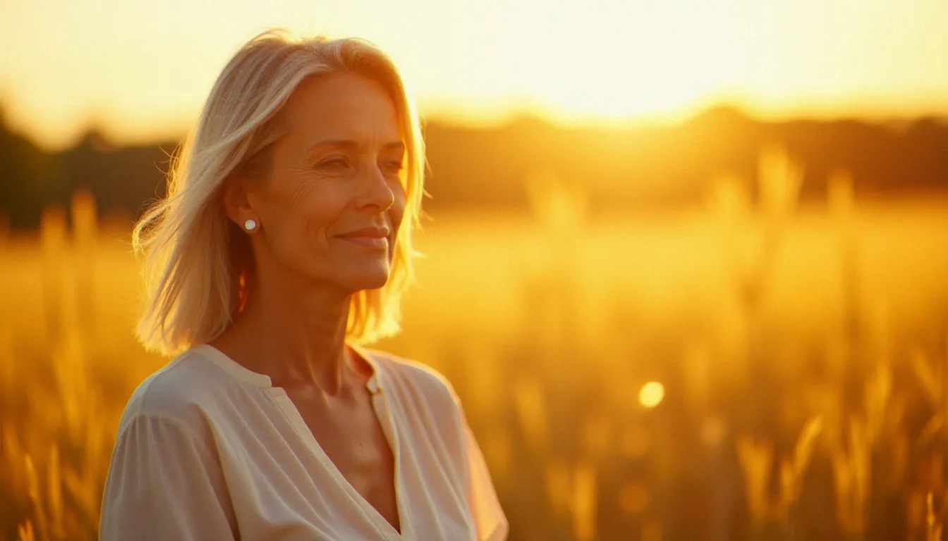 Photo femme naturelle 50 ans en lumière dorée dans un champ, cheveux argentés et sourire serein, portrait authentique en plein air