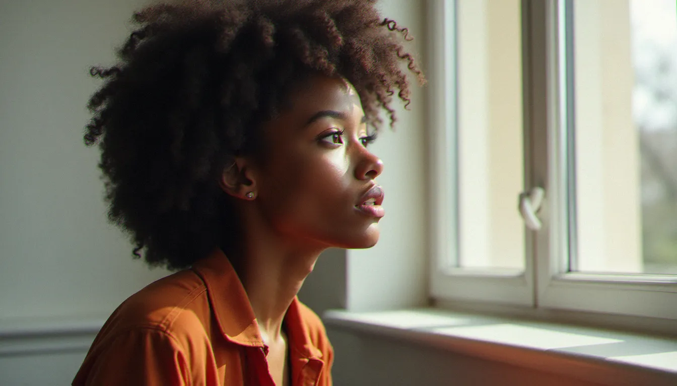 Portrait en lumière de fenêtre nord d'une femme noire aux cheveux naturels afro, lumière diffuse douce révélant les sous-tons chauds ambrés de sa peau foncée