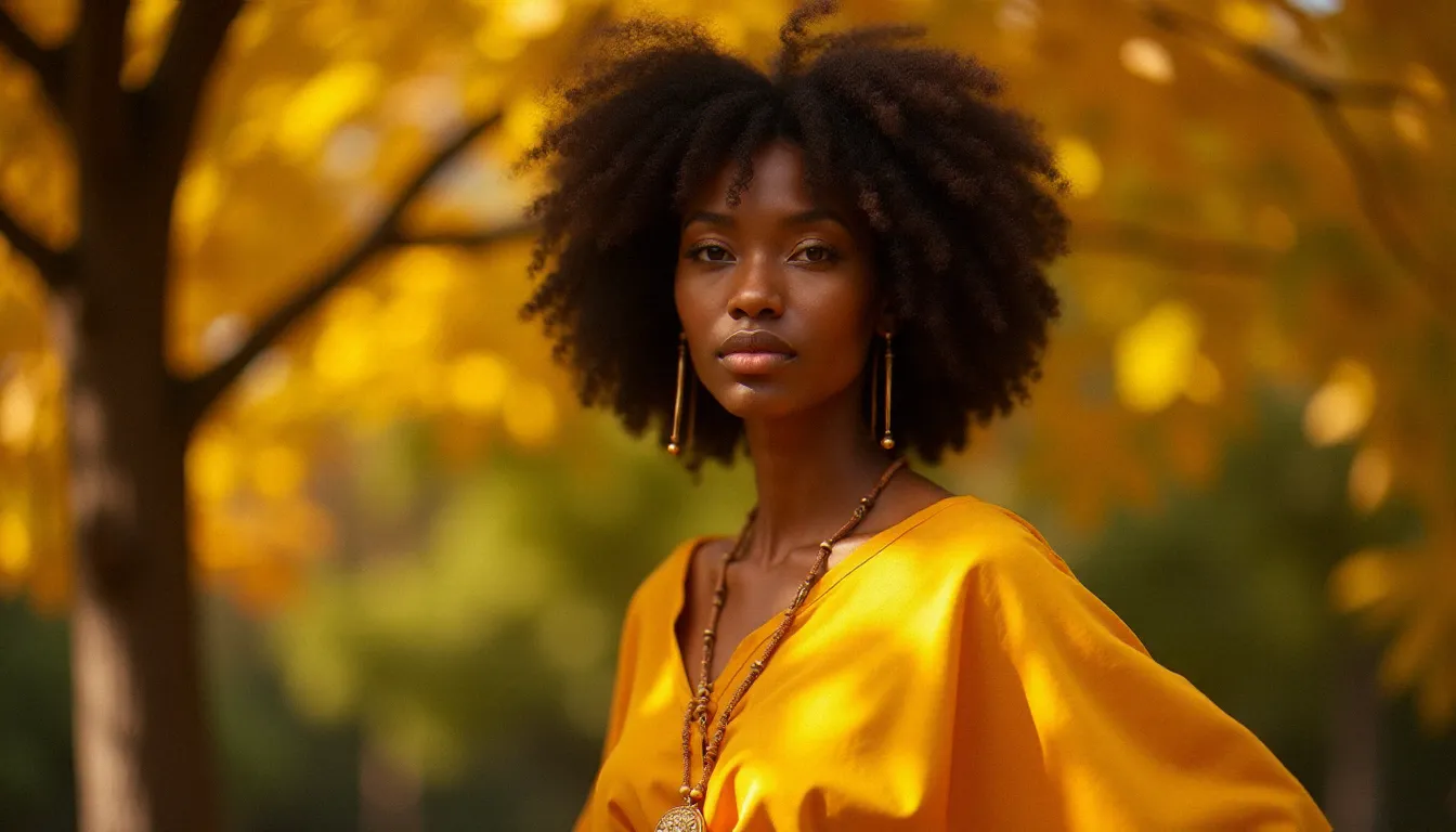 Femme noire en robe safran photographiée sous ombre ouverte en extérieur, lumière indirecte dorée révélant les nuances et la profondeur naturelle de sa peau lors d'un shooting portrait