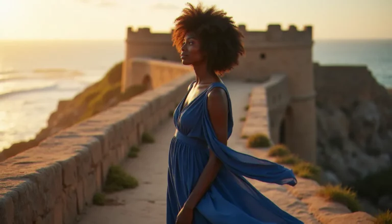 Photo femme noire naturelle debout sur les remparts en lumière dorée du matin, peau foncée sublimée par la lumière rasante latérale, robe indigo flottant au vent du large