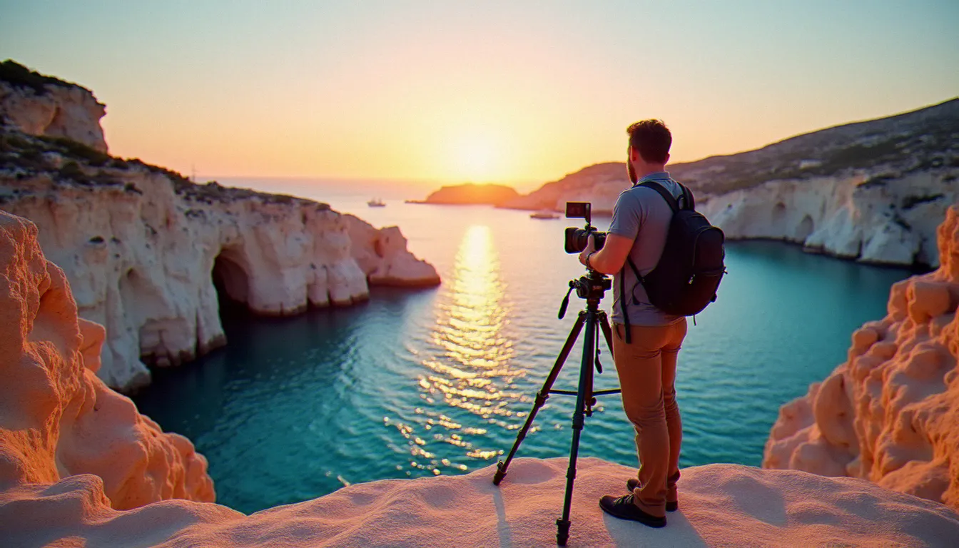 Photographe au bord des Calanques de Marseille en fin de journée, capturant la lumière rasante sur les falaises calcaires pour une photo France 2026