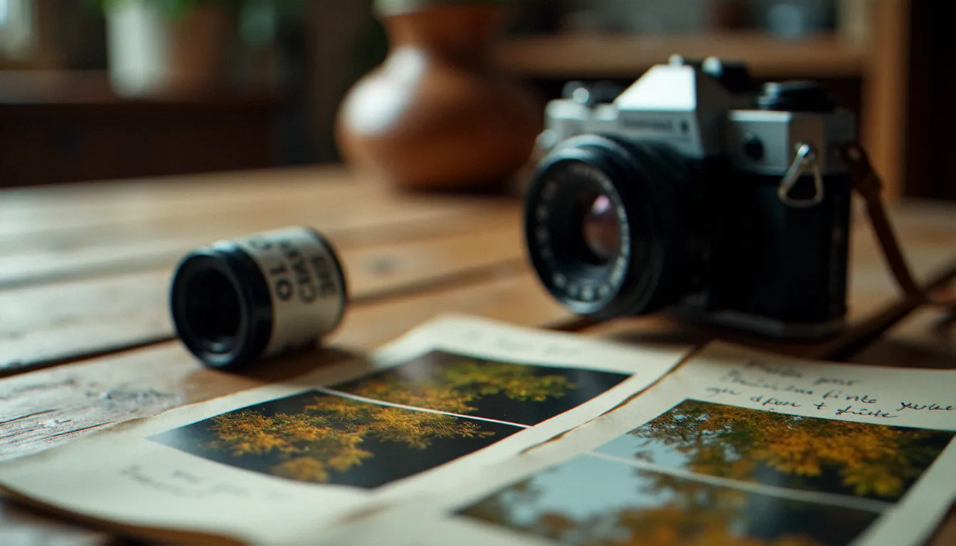 Pellicule argentique chargée dans un boîtier 35mm avec planches-contacts de paysages français, illustrant les tendances de la photo France 2026 vers l'authenticité