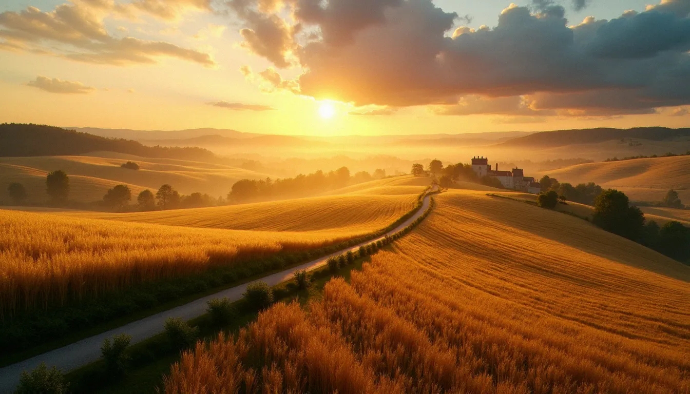 Paysage français photographié en lumière dorée au lever du soleil, illustration de la photo France 2026 dans toute sa diversité rurale
