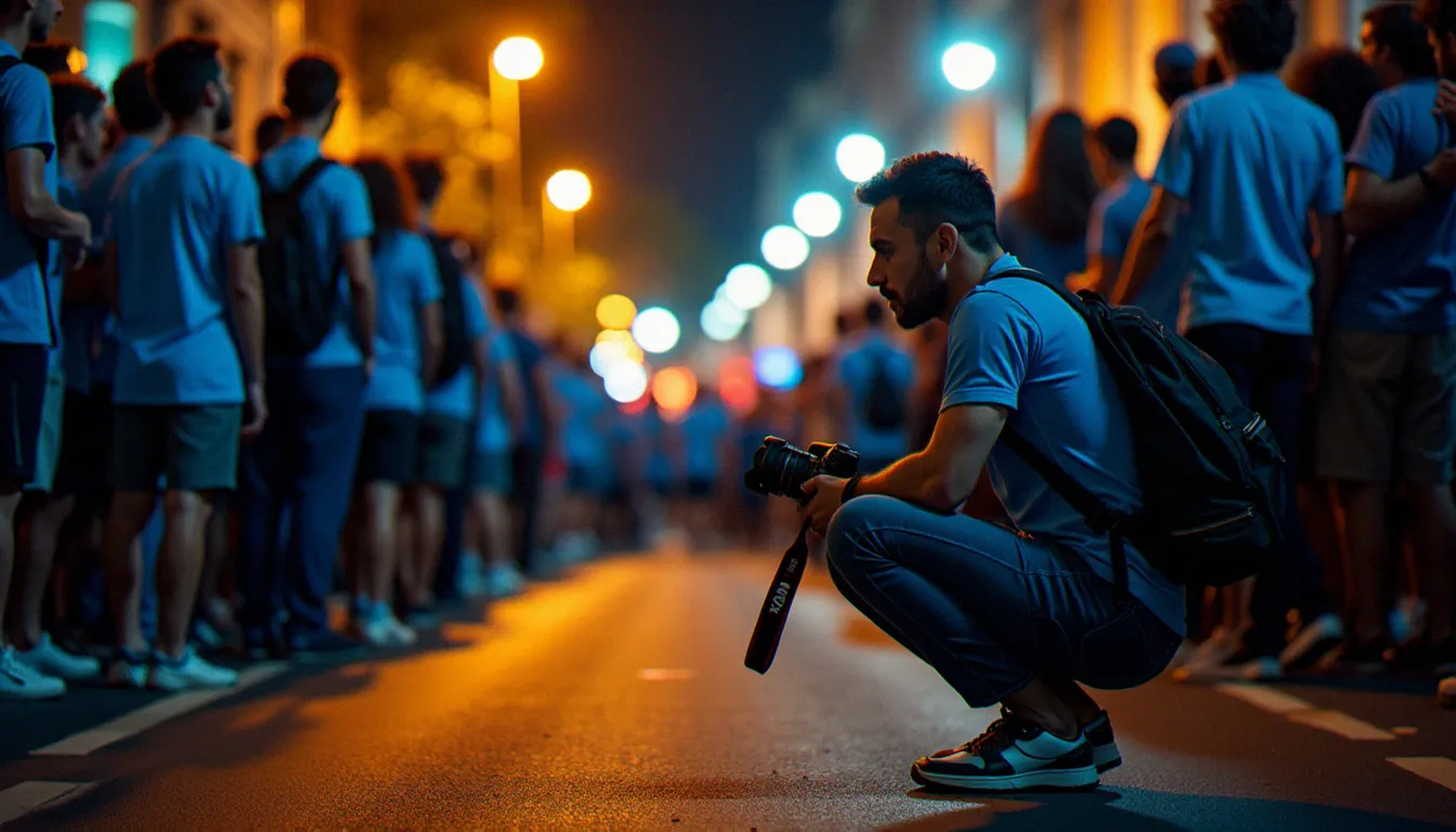 Photographe en position basse dans une rue française bondée lors d'une soirée CDM, lumière mélangée d'écrans et de lampadaires sur les visages des supporters