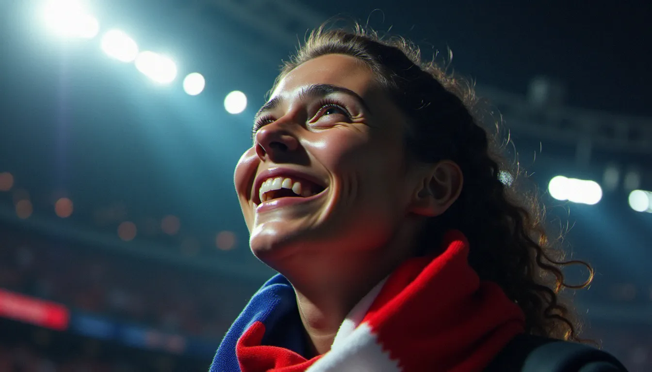 Portrait émouvant d'une supportrice française en larmes de joie, éclairée en contre-jour par l'écran géant d'une fan zone lors d'un but CDM