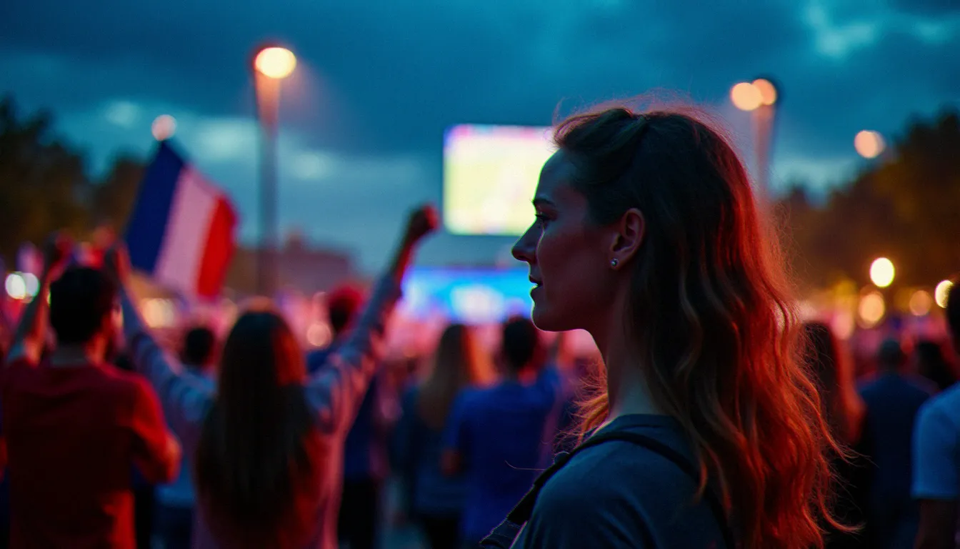 Supporters de l'équipe de France en fan zone la nuit, visages éclairés par l'écran géant lors d'un match CDM, atmosphère émotionnelle de photo France CDM