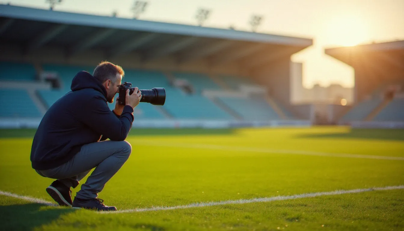 Photographe professionnel positionné en bord de terrain avec un téléobjectif, capturant un match de football en lumière naturelle de fin d'après-midi