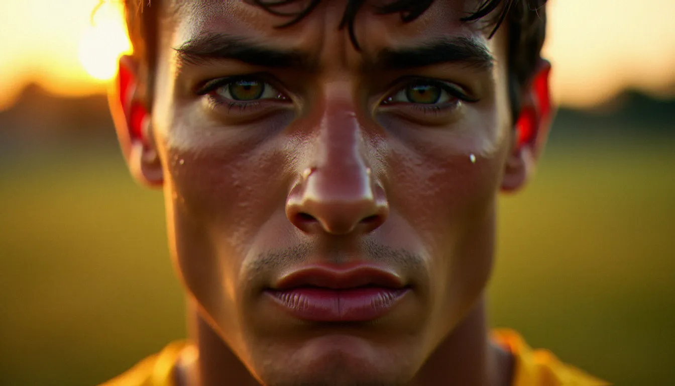 Portrait cinématographique en contre-jour d'un jeune footballeur après le match, lumière chaude rasante sur le visage exprimant intensité et émotion