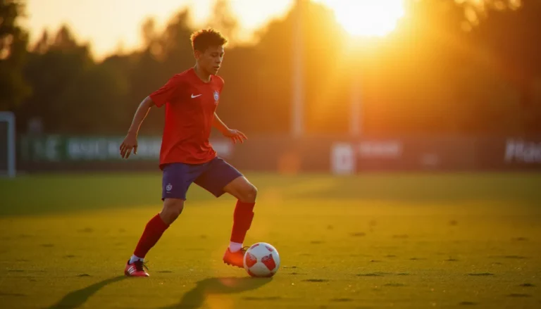 Photo d'un jeune footballeur professionnel en plein dribble sous la lumière dorée du soir, illustrant l'univers photographique autour de la photo France Cherki