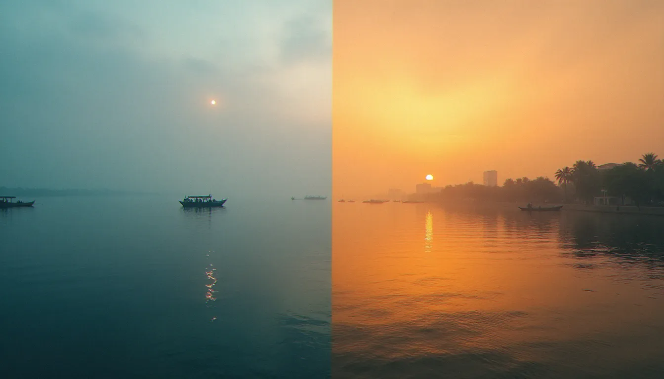 Composition photographique en diptyque comparant l'estuaire atlantique français à l'aube et la lagune d'Abidjan au coucher du soleil, deux lumières naturelles contrastées pour la photo France Côte d'Ivoire