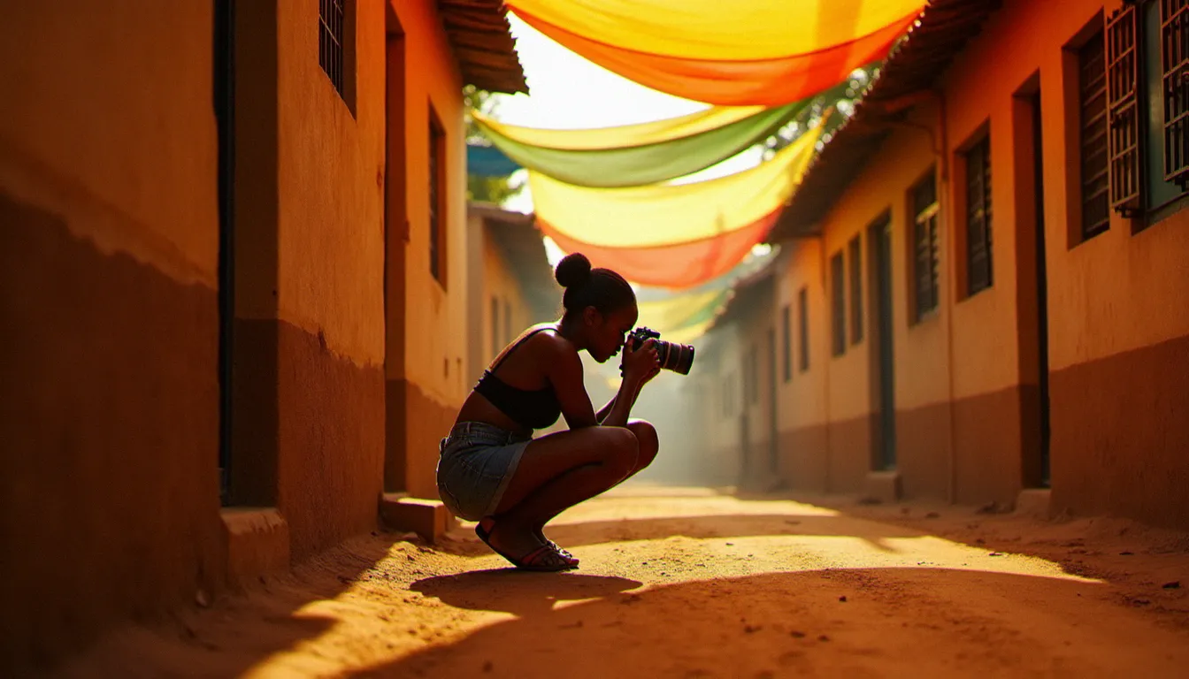 Photographe en préparation de reportage dans une ruelle d'Abidjan avec lumière filtrée par des tissus wax suspendus, illustration de la pratique de la photo France Côte d'Ivoire sur le terrain