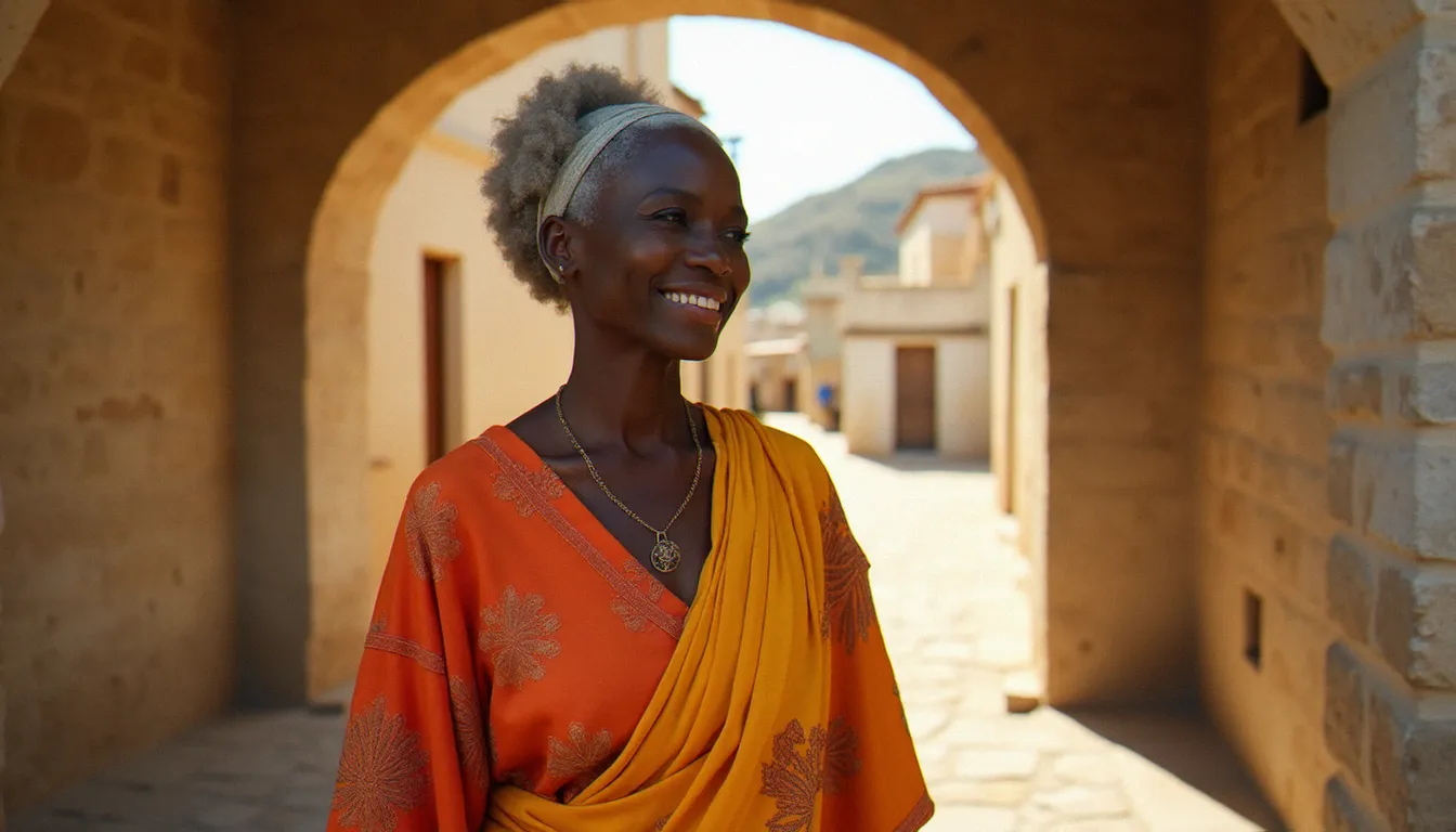 Portrait d'une femme en tenue ivoirienne traditionnelle en tissu wax dans une ruelle en pierre d'un village côtier français, photo France Côte d'Ivoire en lumière dorée naturelle