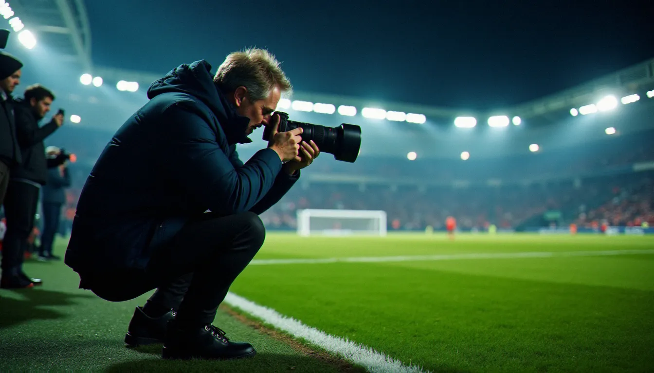 Photographes de presse positionnés en bord de terrain avec leurs longues focales lors d'un grand match international de football en nocturne