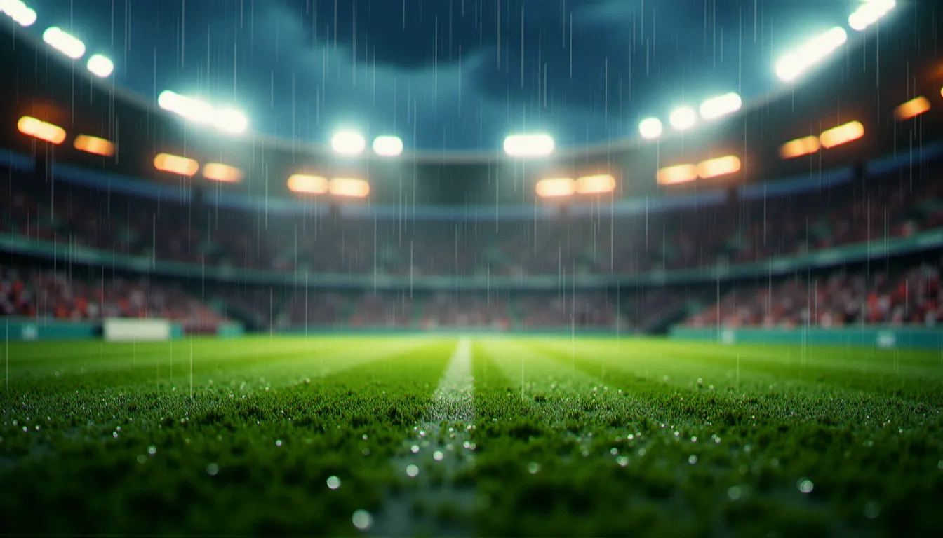 Vue atmosphérique de l'intérieur d'un stade de football sous la pluie en soirée estivale, projecteurs se reflétant sur la pelouse mouillée, ambiance dramatique caractéristique de la finale de la Coupe du Monde 2018