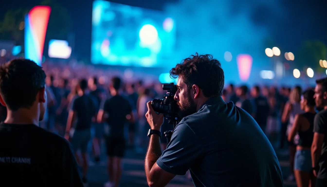 Photographe professionnel en action dans une fan zone française lors de la Coupe du Monde 2026, capturant les expressions des supporters sous la lumière mixte des écrans géants et du crépuscule