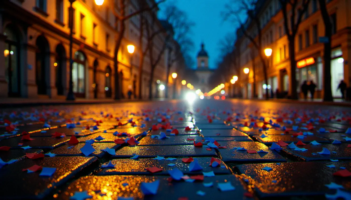 Place publique française désertée après un match de la Coupe du Monde 2026, confettis bleus et rouges au sol sous les lumières des réverbères, ambiance poétique post-fête en lumière naturelle et artificielle