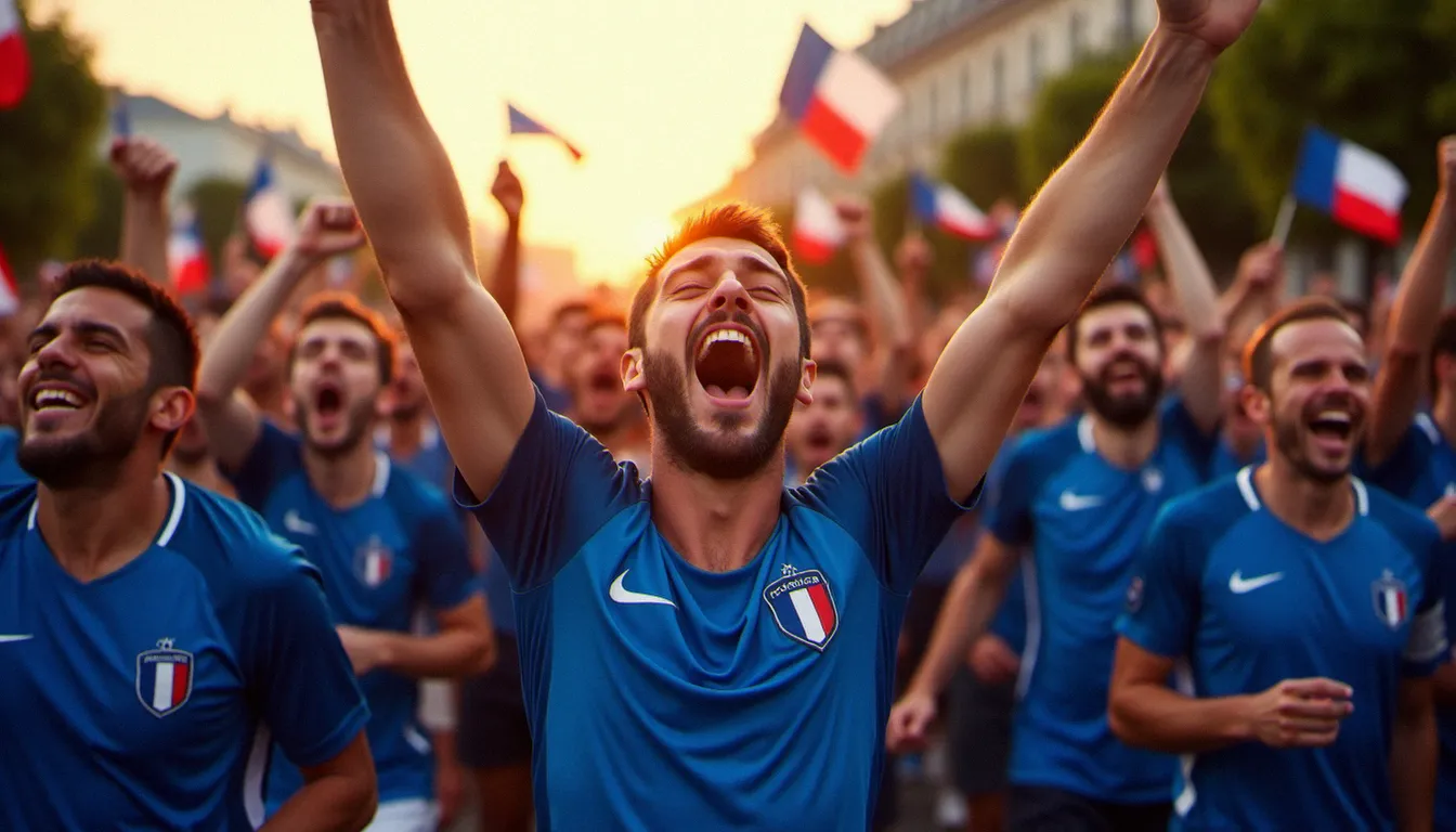 Supporters français en maillot bleu célébrant la victoire de l'équipe de France lors de la Coupe du Monde 2026 sur une place publique, photo France Coupe du Monde 2026 en lumière naturelle dorée
