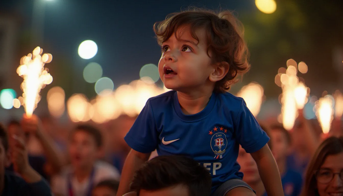 Enfant en maillot de l'équipe de France porté sur les épaules de son père lors d'une célébration nocturne de victoire en Coupe du Monde, regard émerveillé au-dessus de la foule en fête
