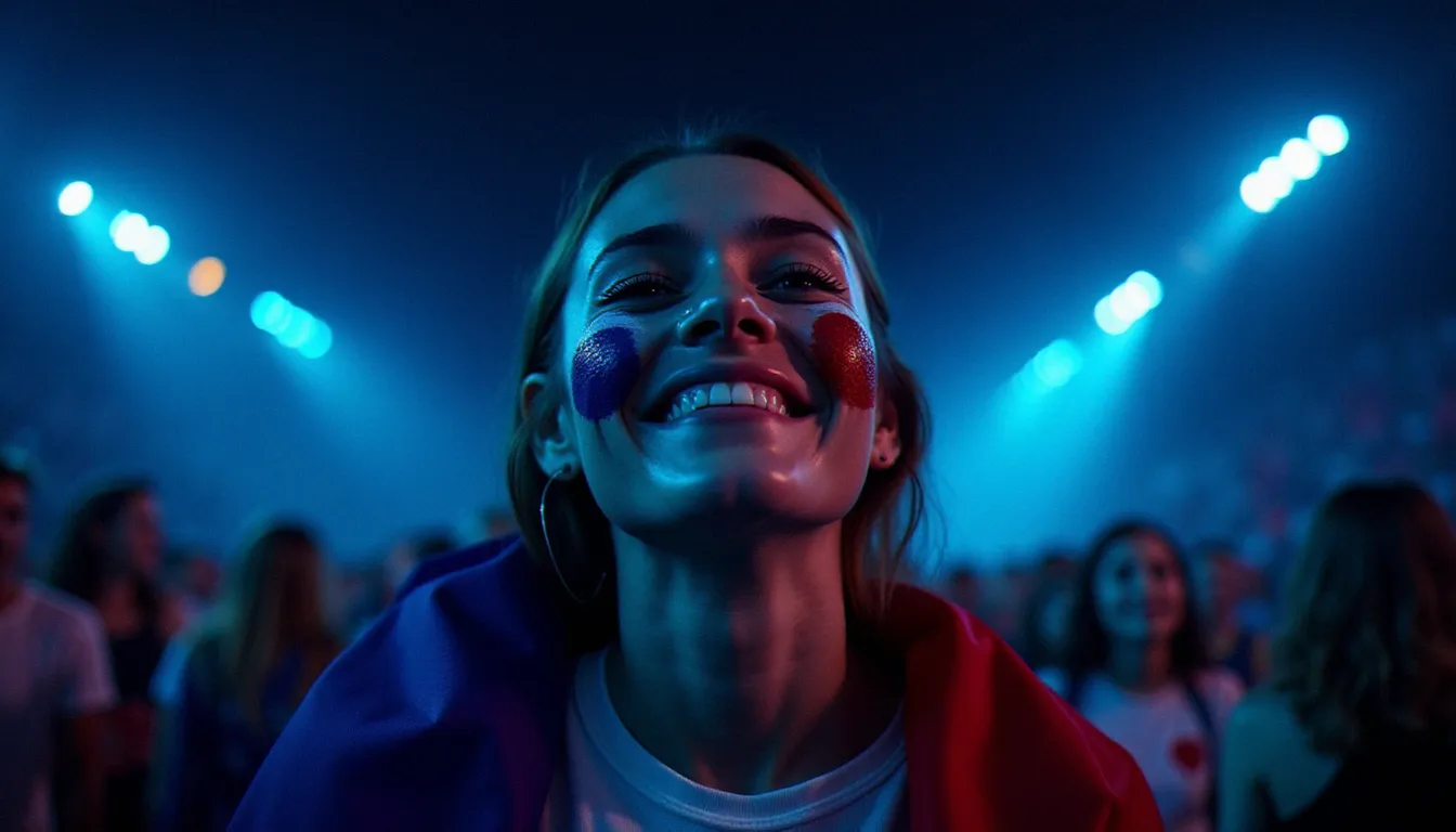 Supportrice française en larmes de joie aux couleurs tricolores, visage illuminé par l'écran géant lors d'une retransmission nocturne d'un match de la Coupe du Monde en plein air