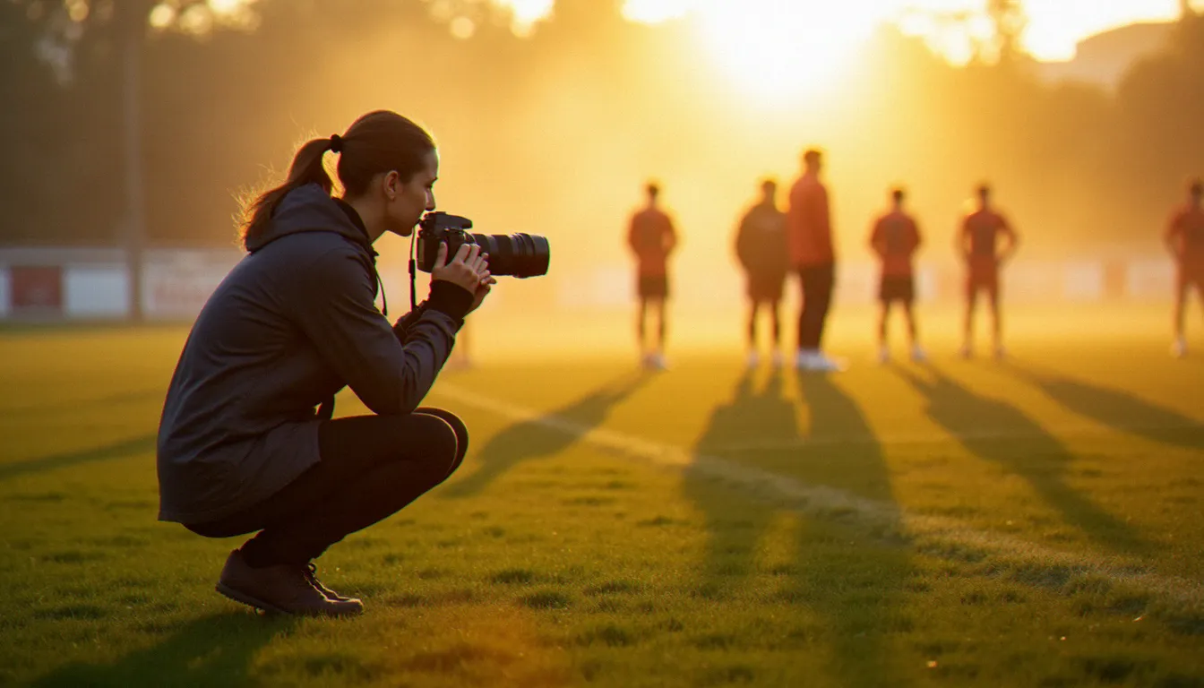 Photographe professionnelle dirigeant une session de photo d'équipe en extérieur au lever du soleil sur un terrain de sport en France