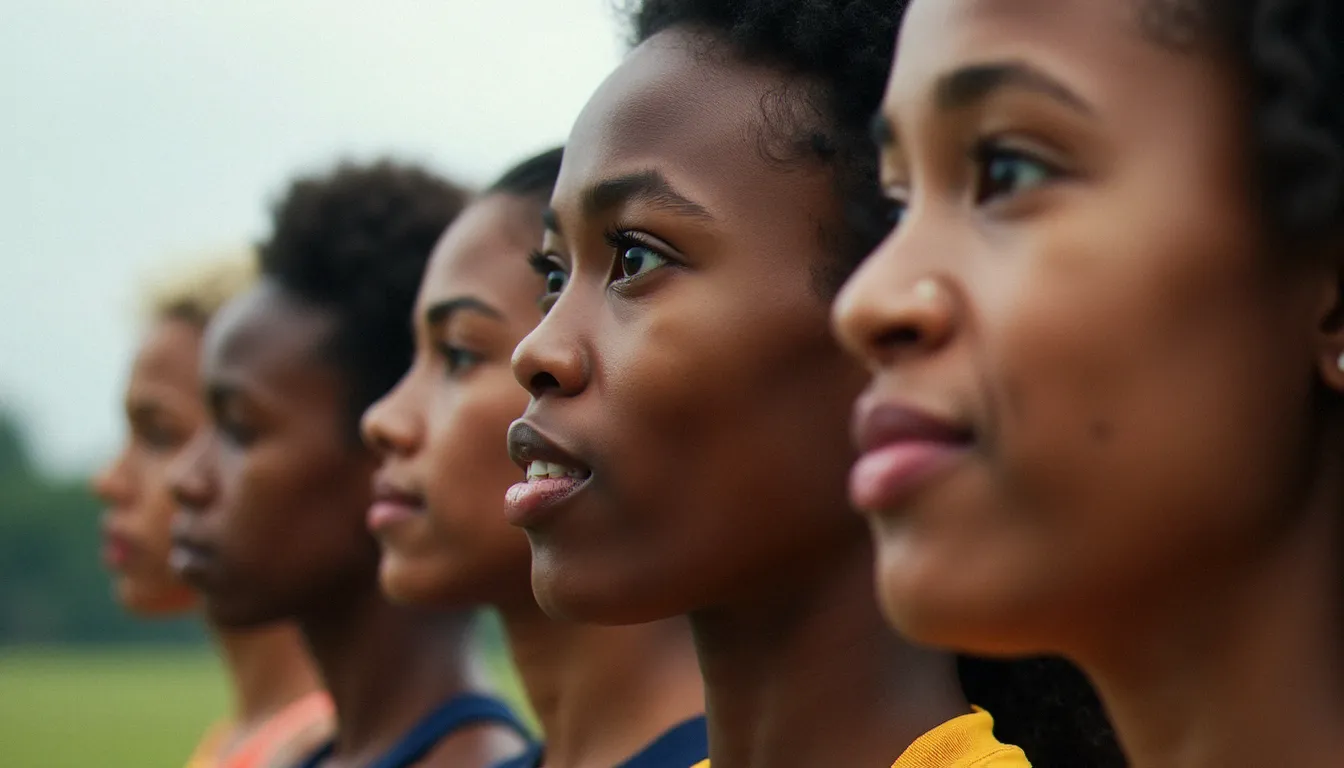 Portraits rapprochés de membres d'une équipe sportive française sous une lumière naturelle douce et diffuse, expressions authentiques et décontractées