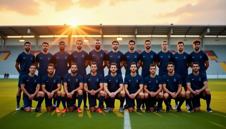 Photo france equipe d'un club sportif posant en plein air lors de l'heure dorée du matin, lumière naturelle rasante, maillots bleus coordonnés
