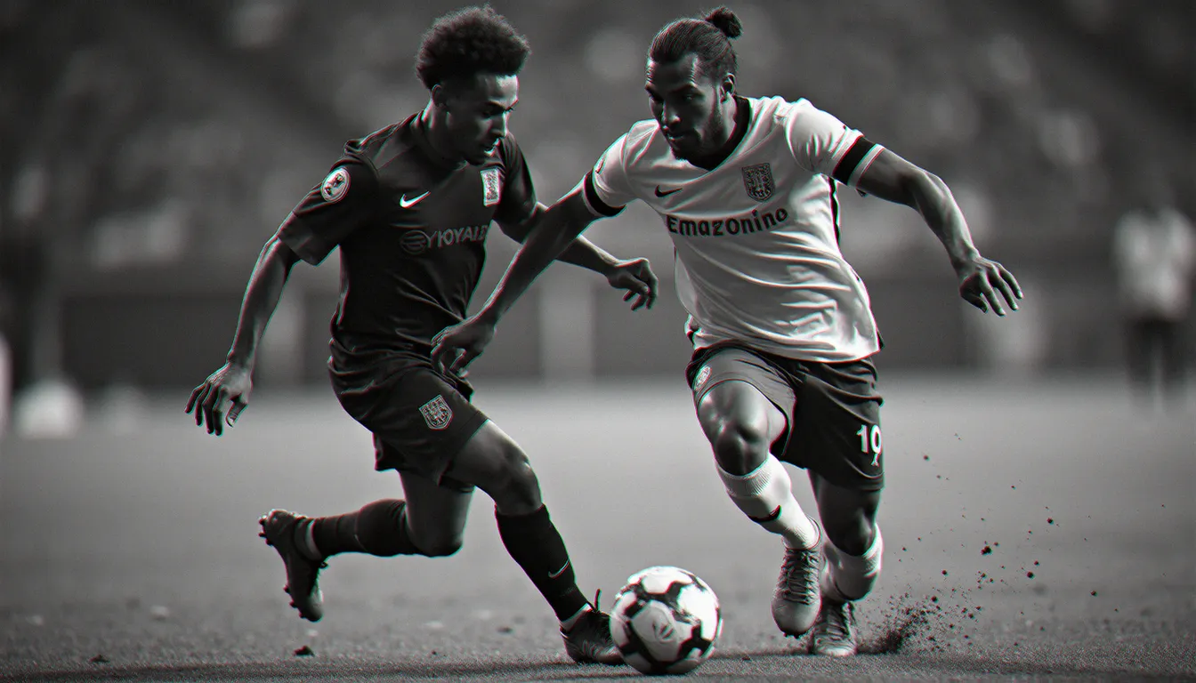 Duel intense entre deux joueurs de football en noir et blanc, capturé depuis le sol avec un angle bas pour accentuer l'émotion du jeu