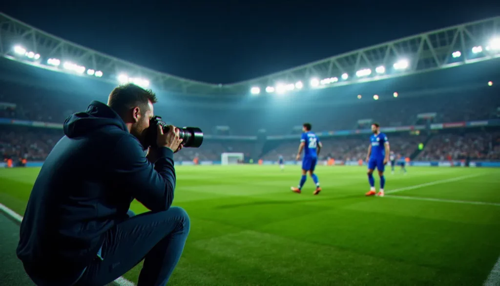 photo france foot featured Photographe sportif professionnel en bord de terrain capturant une photo france foot sous les projecteurs du stade lors d'un match nocturne