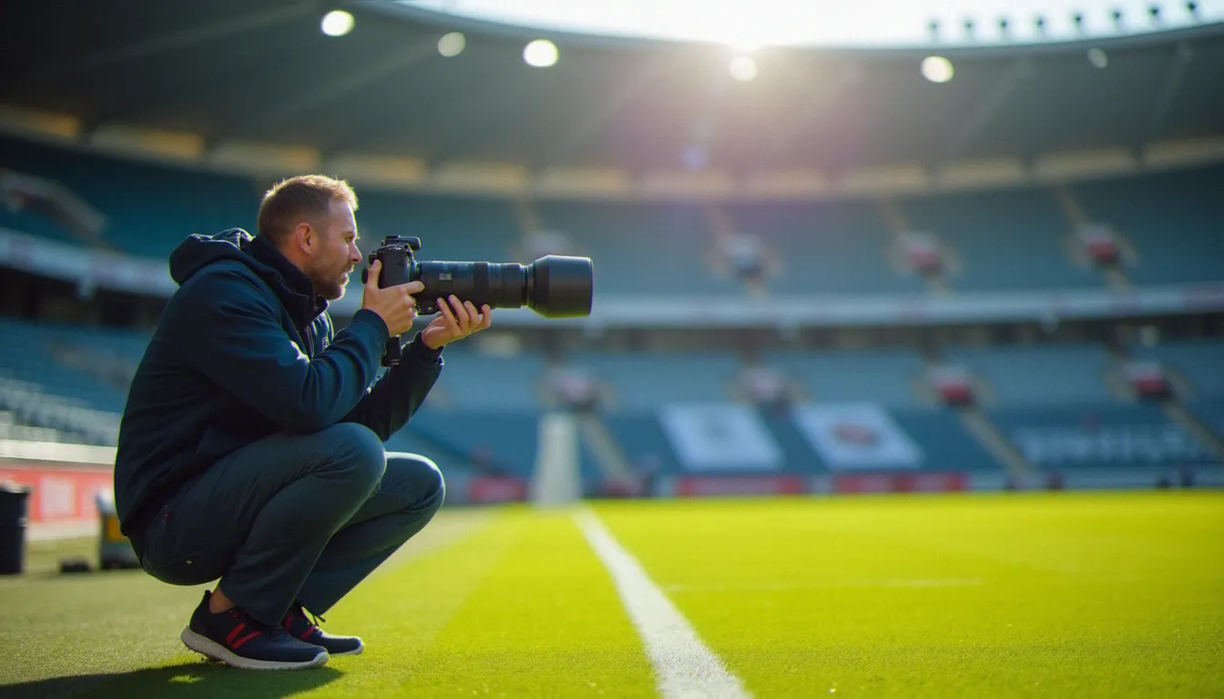 Photographe professionnel en action au bord d'un terrain de football lors d'un match officiel, illustrant la préparation technique des reporters sportifs