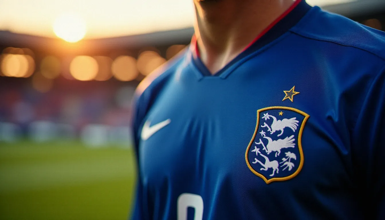 Détail du maillot bleu de l'équipe de France de football sous une lumière naturelle dorée, illustrant l'importance de la qualité lumineuse dans la composition des photos officielles