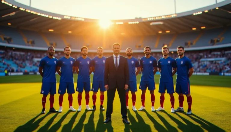 Photo de l'équipe de France de football réunie sur le terrain d'un stade lors d'une séance officielle, illustrant le sujet des photos France foot Macron
