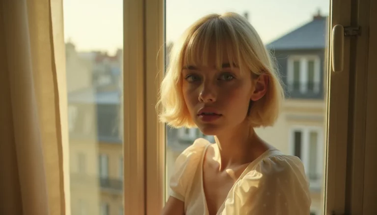 Portrait évoquant l'esthétique des photos de France Gall jeune, jeune femme blonde en lumière naturelle diffuse près d'une fenêtre parisienne, style iconique des années 60