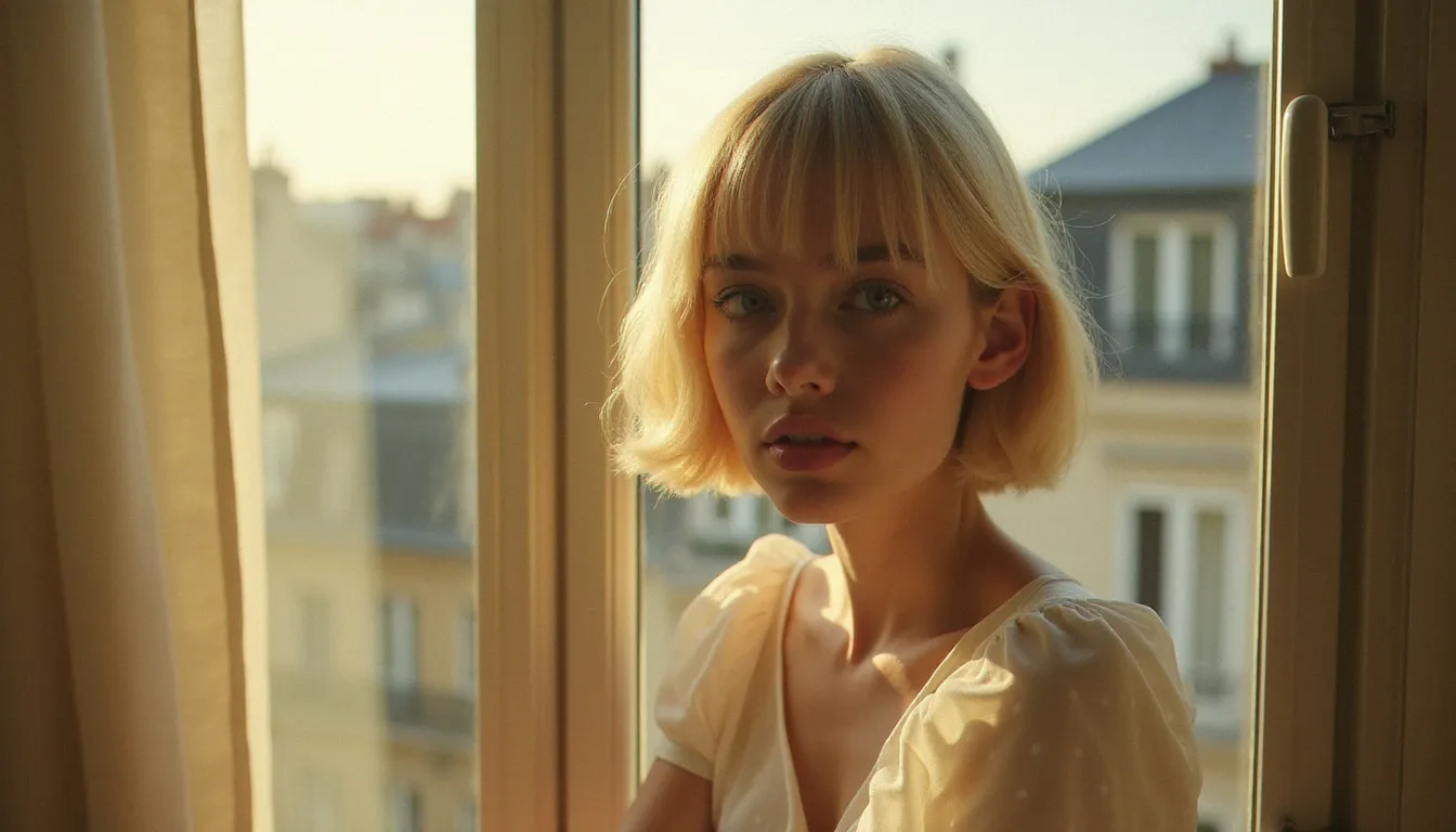 Portrait évoquant l'esthétique des photos de France Gall jeune, jeune femme blonde en lumière naturelle diffuse près d'une fenêtre parisienne, style iconique des années 60