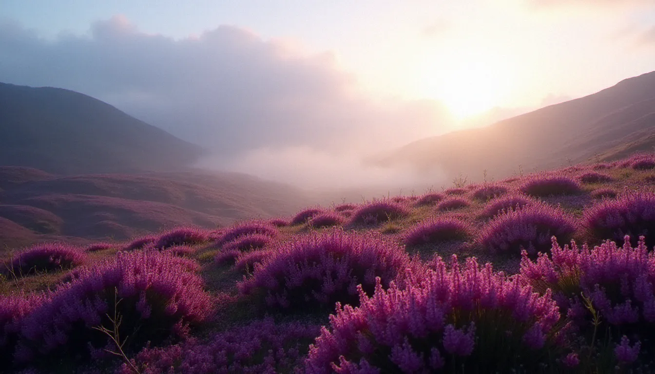 Landes de bruyère violette en Irlande du Nord sous une lumière diffuse brumeuse et argentée, conditions atmosphériques caractéristiques des lumières nordiques irlandaises en automne