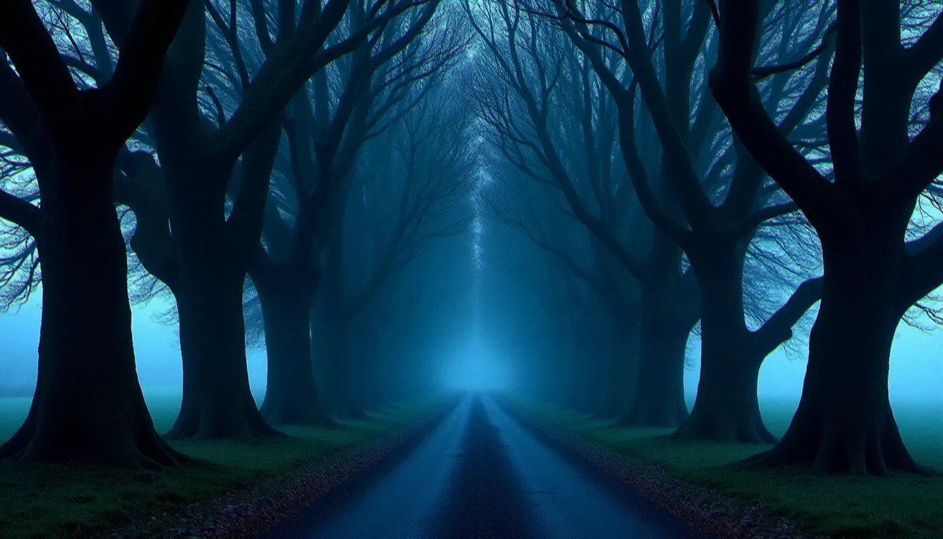 Allée des Dark Hedges en Irlande du Nord à l'heure bleue, avenue de hêtres centenaires aux branches tordues formant un tunnel mystérieux, spot incontournable pour la photographie de paysage en Irlande du Nord