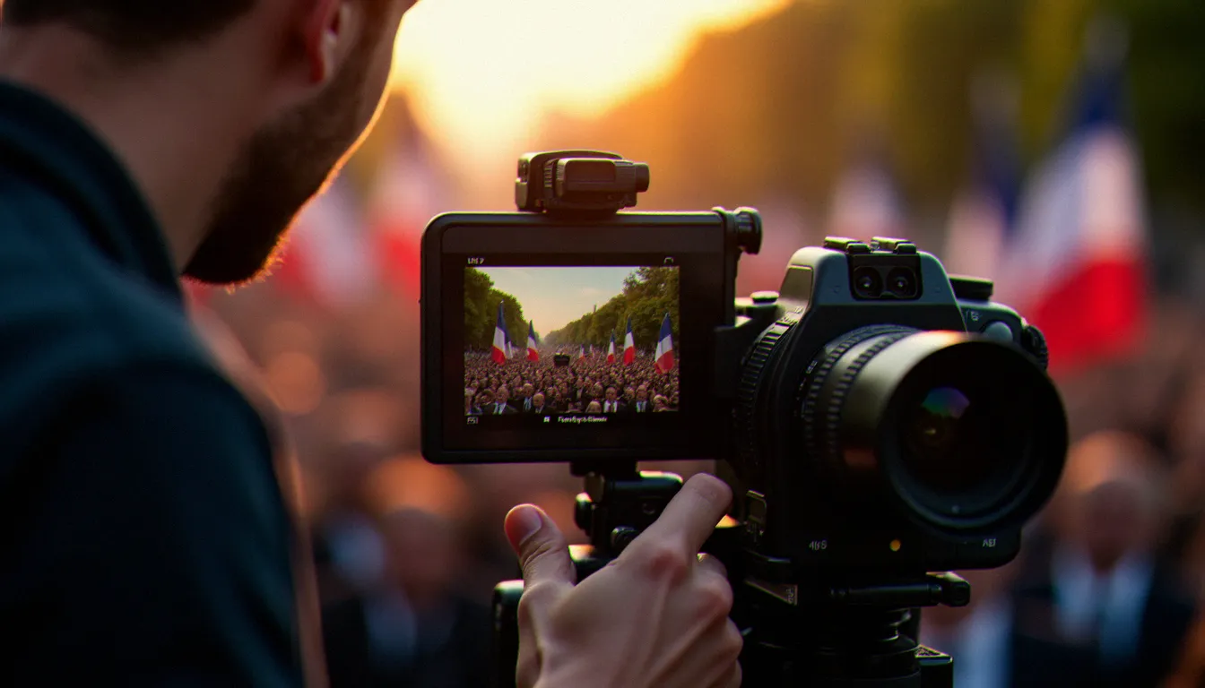 Gros plan sur le viseur d'un appareil photo professionnel lors d'un événement politique français, lumière dorée sur les drapeaux tricolores en arrière-plan flou