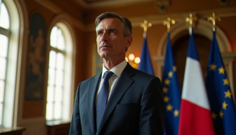 Portrait officiel dans un palais institutionnel français, lumière naturelle chaude traversant de hautes fenêtres, illustrant la photo France Macron et la mise en scène du portrait présidentiel