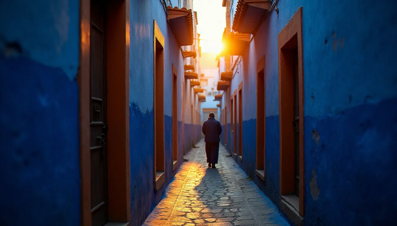 Ruelle de medina marocaine à l'aube avec un rayon de lumière naturelle dorée traversant l'ombre bleue du matin, lumière naturelle en photographie de voyage