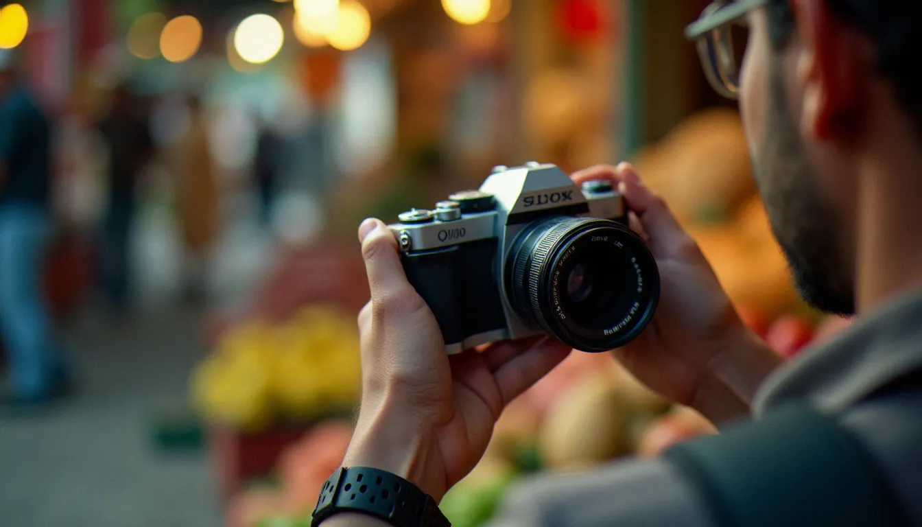 Mains d'un photographe composant un cadre avec un appareil hybride devant un marché coloré flou, illustrant la composition narrative en photo de voyage routard
