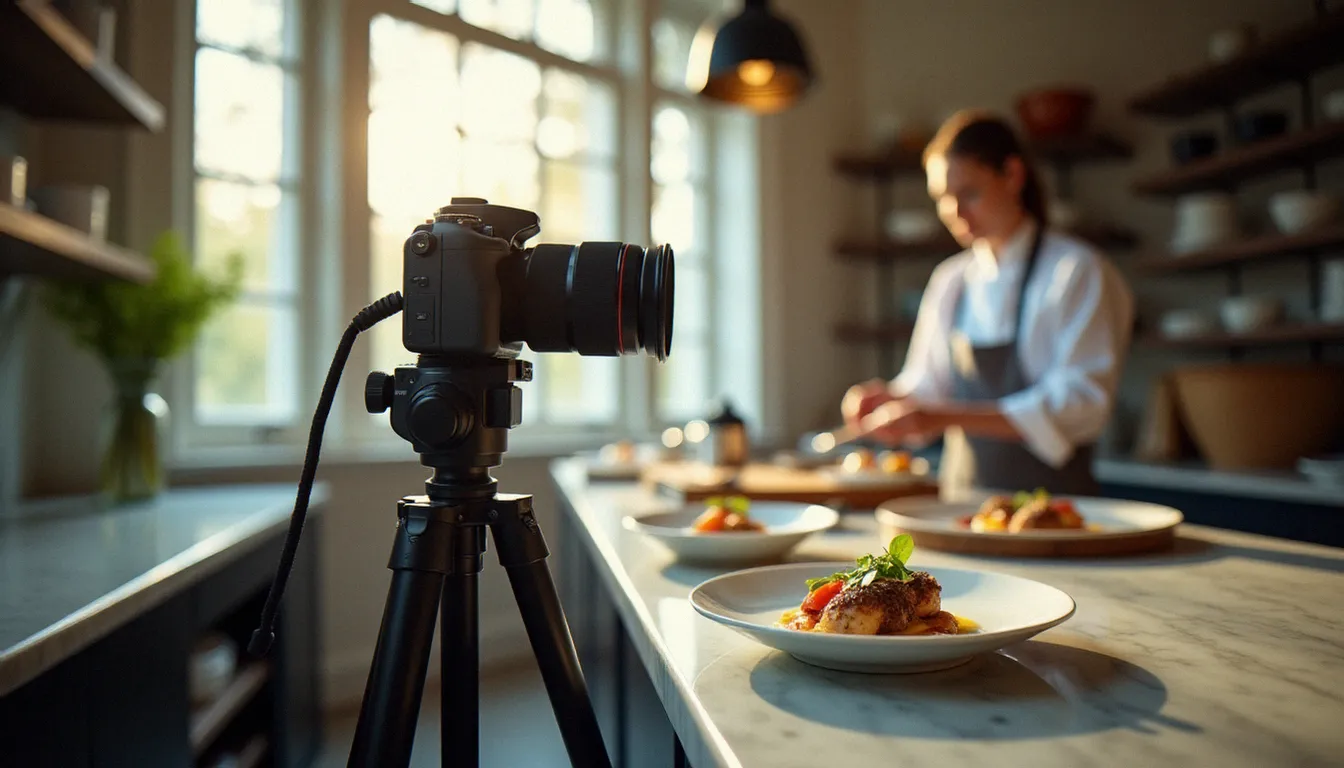 Photographe professionnel installant son matériel près d'une fenêtre dans la cuisine d'un restaurant gastronomique français, en préparation d'un shooting pour le Guide Michelin 2026