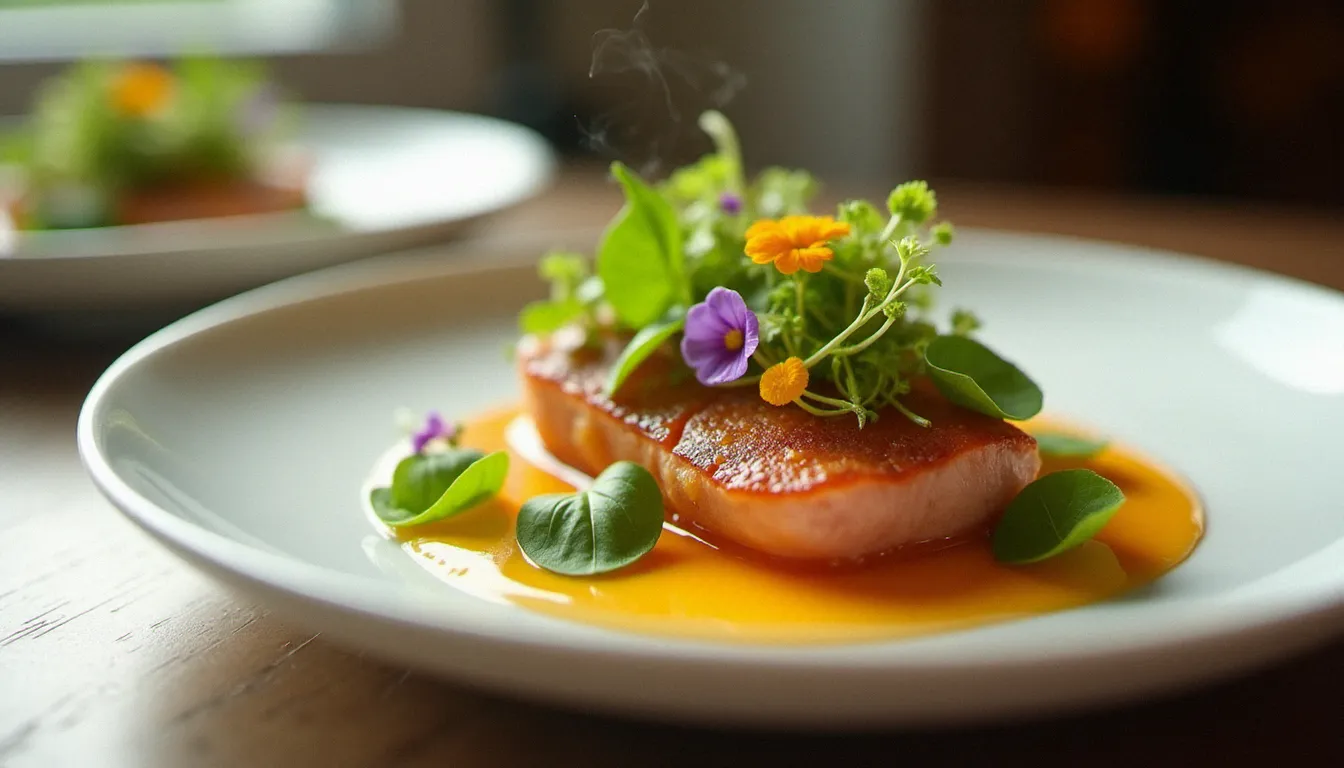 Gros plan d'une assiette de haute cuisine française avec une sauce brillante et des herbes fraîches, sublimée par une lumière naturelle latérale douce, caractéristique de la photographie gastronomique Guide Michelin 2026