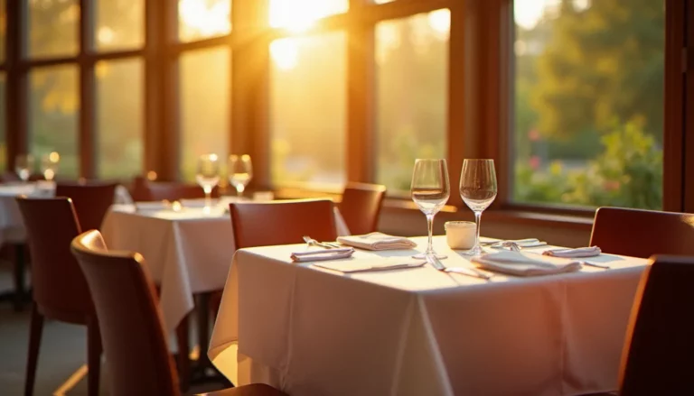 Salle d'un restaurant étoilé Guide Michelin 2026 baignée dans une lumière naturelle dorée de fin d'après-midi, avec une mise en place raffinée et des verres en cristal