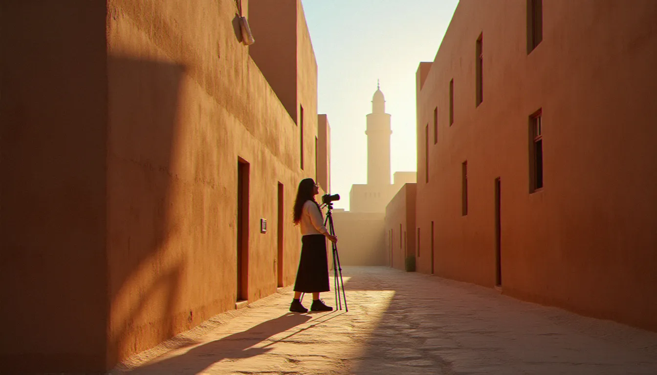 Photographe au lever du jour dans les ruelles en terre crue de Yazd, avec les badgirs projetant des ombres géométriques, scène typique d'un voyage photo en Iran