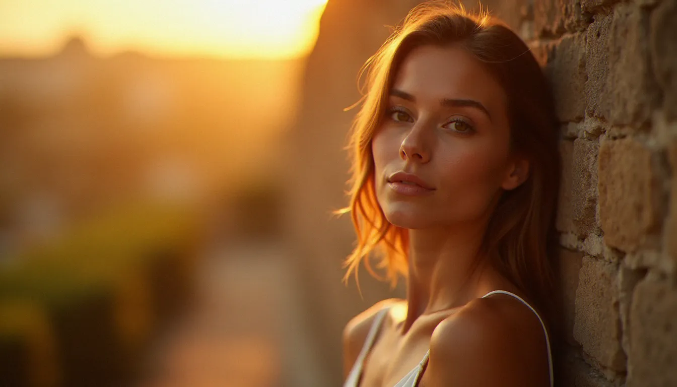 Séance photo en lumière naturelle dorée à l'extérieur, portrait féminin sans artifice avec une lumière rasante révélant la texture authentique de la peau, illustrant les techniques de portrait naturel