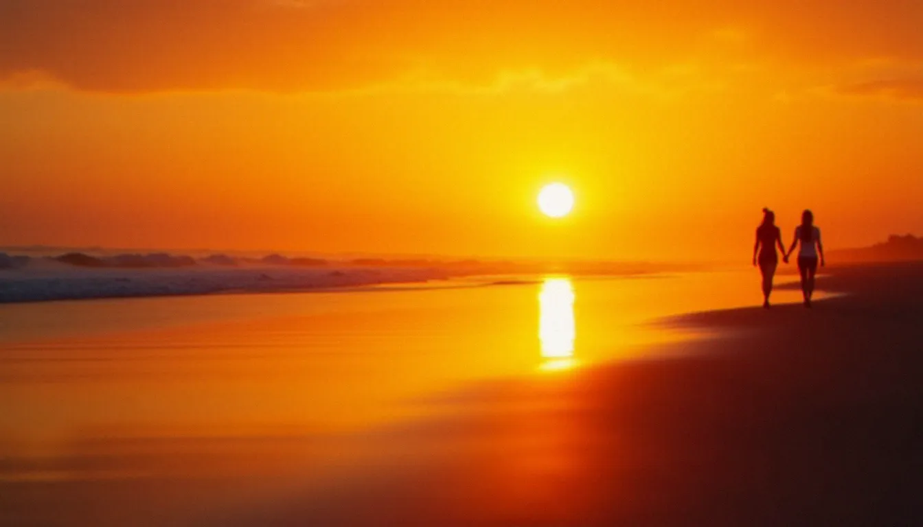 Coucher de soleil sur la côte atlantique avec deux silhouettes féminines en arrière-plan, horizon plat et lumière orange intense