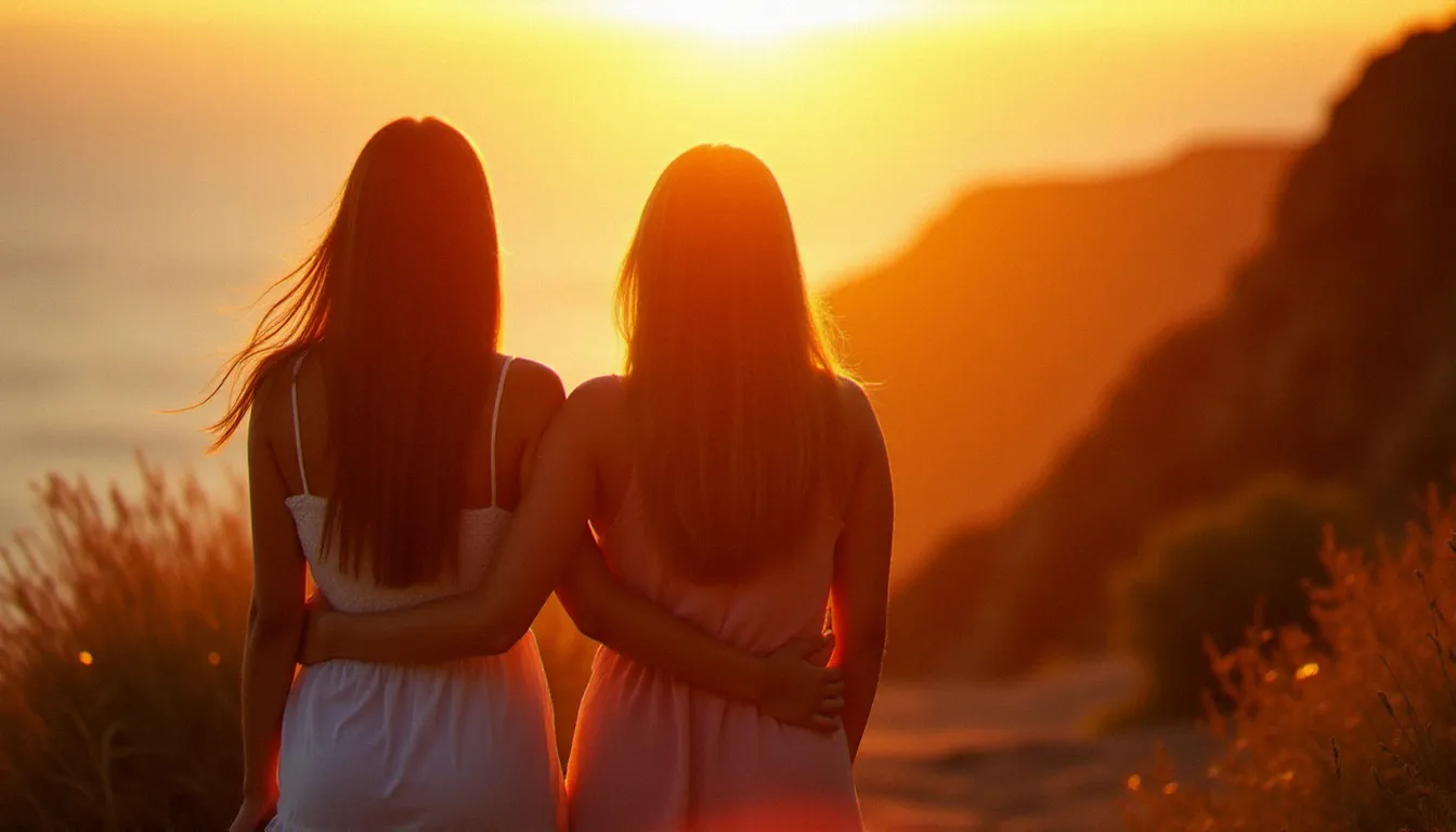 Deux amies photographiées de dos sur un sentier côtier au coucher de soleil, lumière de contre-jour dorée créant un halo lumineux autour de leurs silhouettes