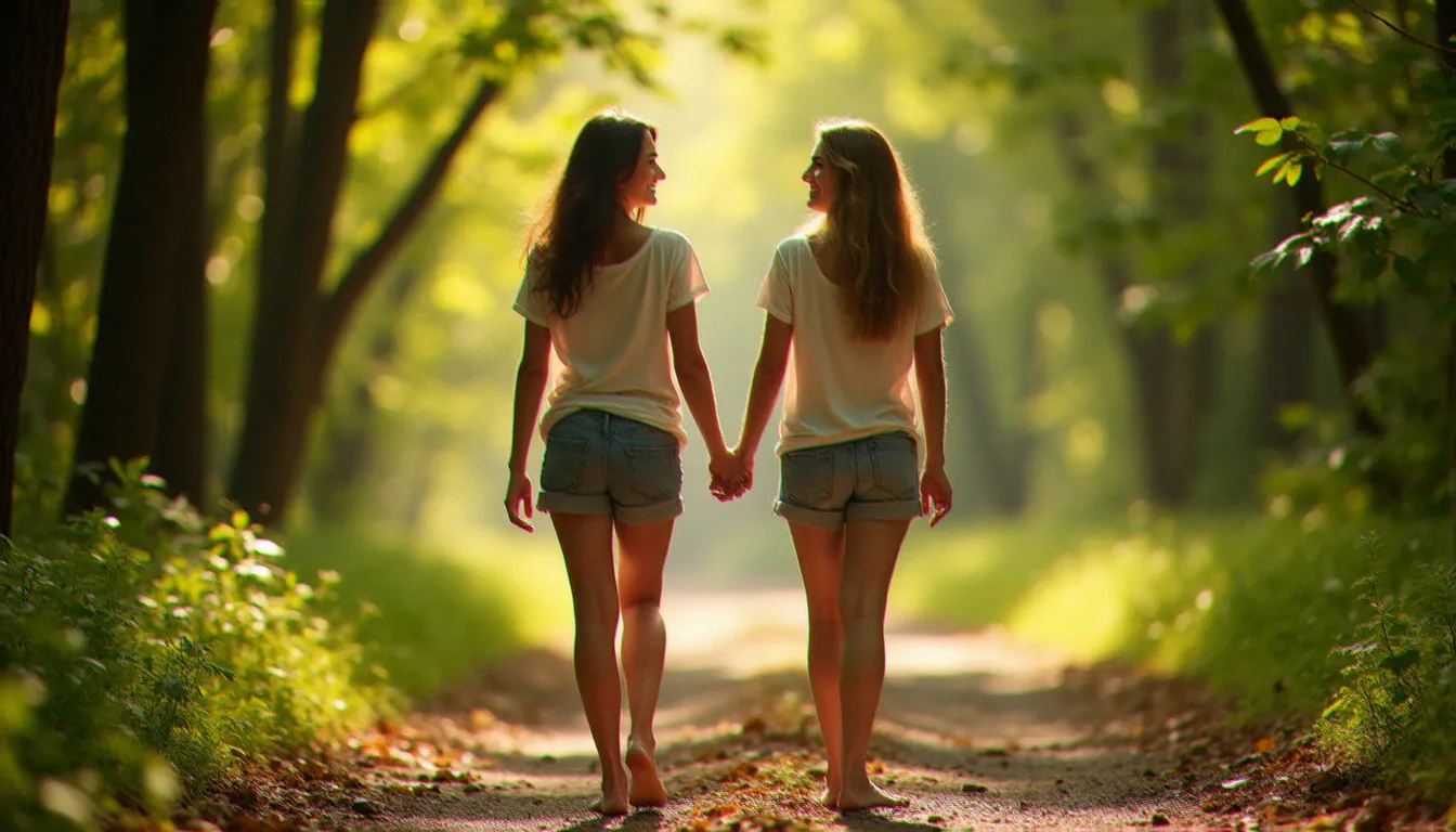 Deux amies marchant pieds nus dans une forêt ensoleillée, tenant leurs mains, riant spontanément dans une lumière de sous-bois tamisée