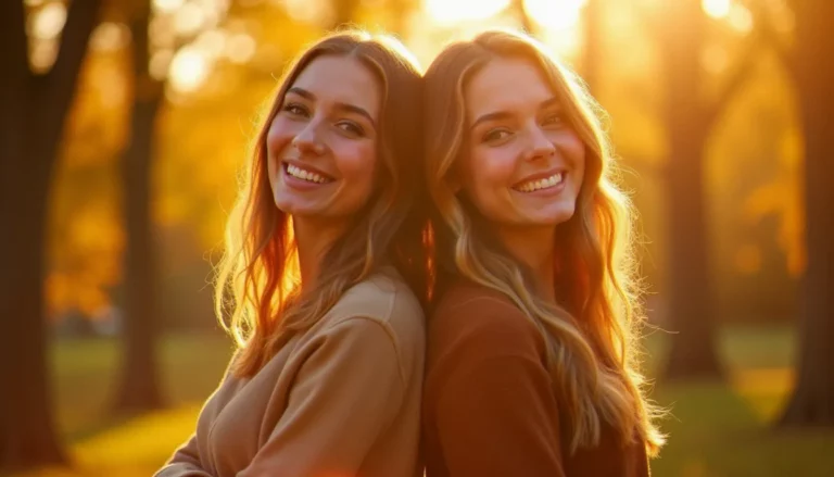 Photo meilleure amie Pinterest de deux jeunes femmes dos à dos au coucher du soleil, souriant à l'objectif avec une lumière dorée enveloppante